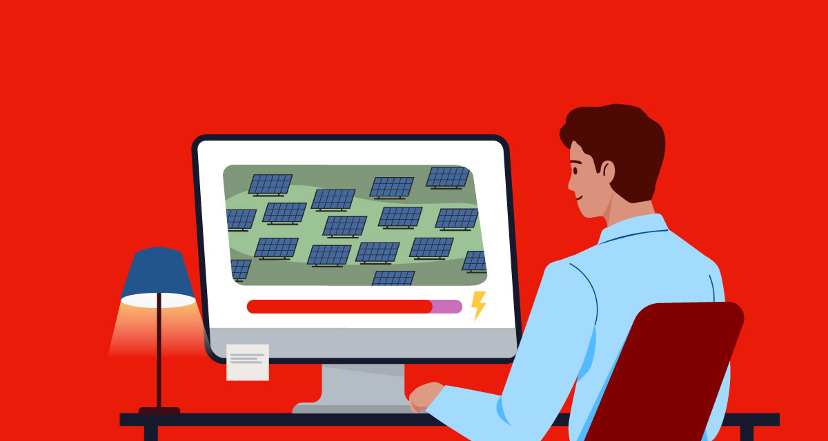 Illustrazione di un cliente che controlla sul computer la produzione da fotovoltaico virtuale